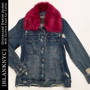 Blank NYC Distressed Denim Jacket With Dk.Fuchsia Faux Fur Collar Size S